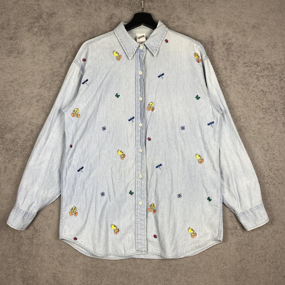 Vintage Tweety Bird Shirt Mens Medium Blue Denim Warner Bros Studio Store 90s - Picture 2 of 16